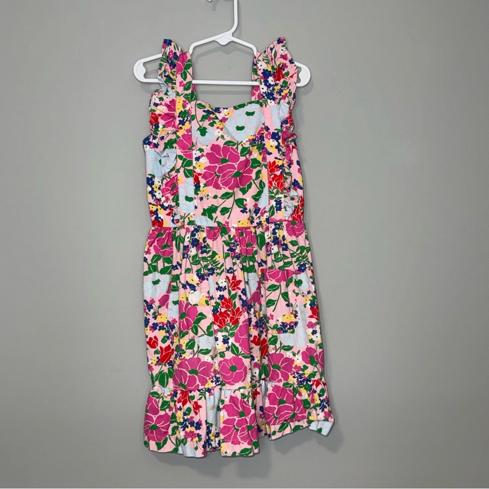 Hanna Andersson Girls Pink Floral Ruffle Sun Dress 120 cm US 6-7 Pockets Smocked